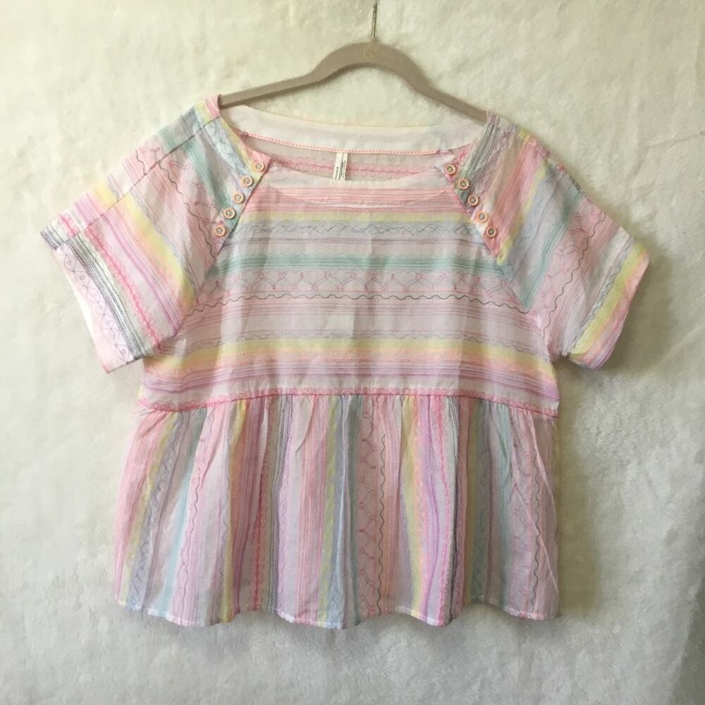 Anthropologie Neon Pastel Embroidered Cotton Babydoll Top